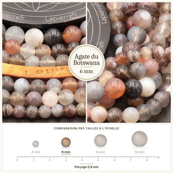 Perles grises et roses en agate du Botswana de 6 mm
