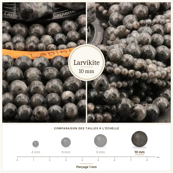 Grosses perles larvikite 10 mm grises et noires