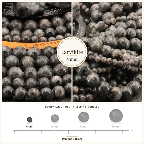 Petites perles larvikite 4 mm grises et noires en pierre naturelle