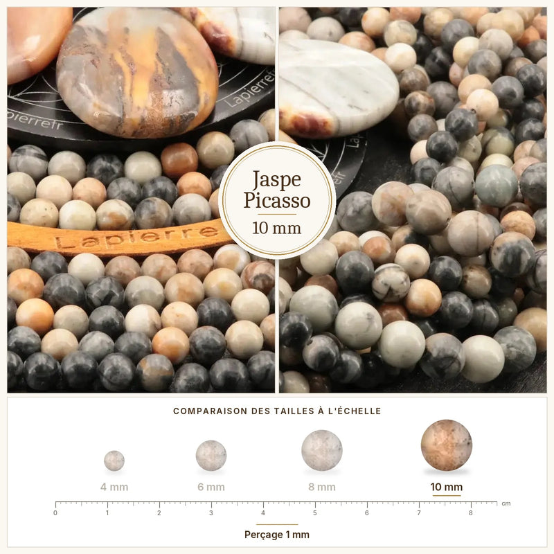 Fil de perles jaspe picasso rondes et polies en pierre naturelle