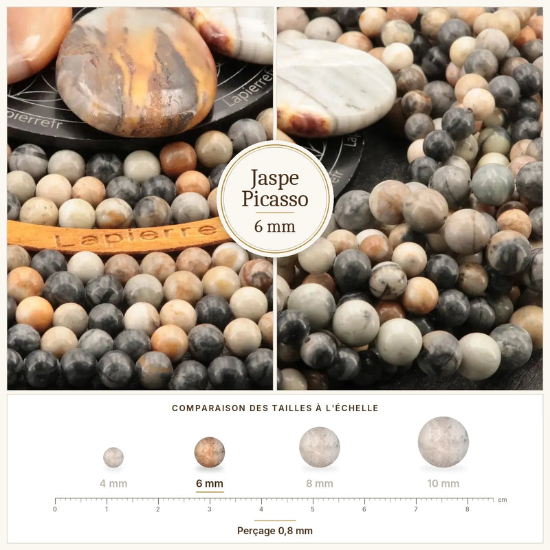 Fil de perles jaspe picasso rondes et polies en pierre naturelle