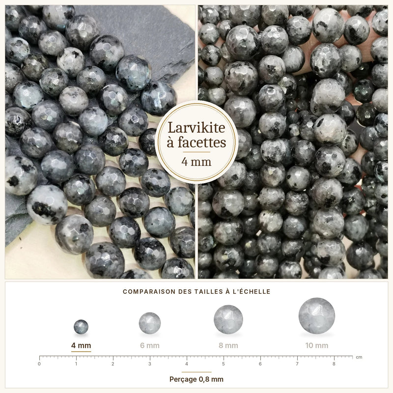 Fil de perles larvikite rondes à facettes en pierre naturelle