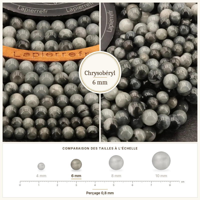 Fil de perles chrysobéryl œil d'aigle rondes et polies en pierre naturelle