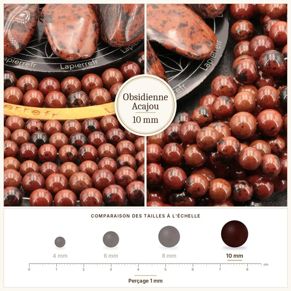 Perles marron et noires en obsidienne acajou 10 mm, pierre naturelle