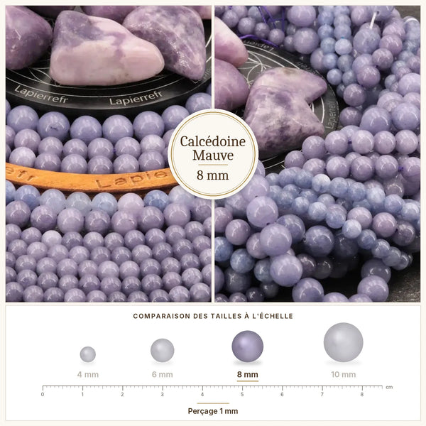 Fil de perles calcédoine mauve 8 mm, perles mauves