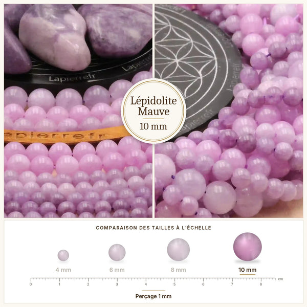 Grosses perles lépidolite mauve 10 mm mauves pailletées