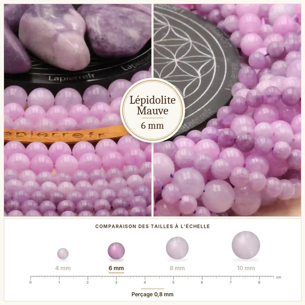 Perles lépidolite mauve 6 mm mauves pailletées en pierre naturelle