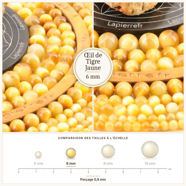 Perles miel et dorées en œil de tigre jaune de 6 mm