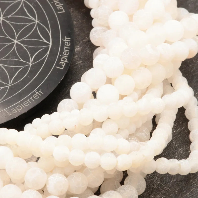 Perles rondes d'Agate Blanche craquelée en vrac, pierre blanche veinée pour bracelet et collier