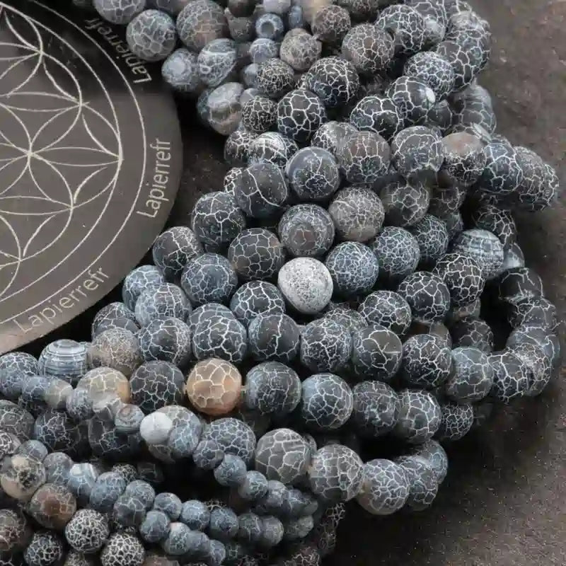 Perles rondes d'Agate Noire craquelée en vrac, pierre noire veinée pour bracelet et collier