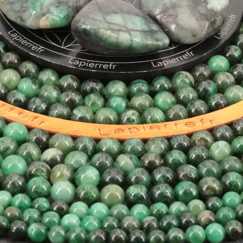Fil de perles d'Émeraude, pierre naturelle ronde verte de qualité AA+ pour création de bijoux