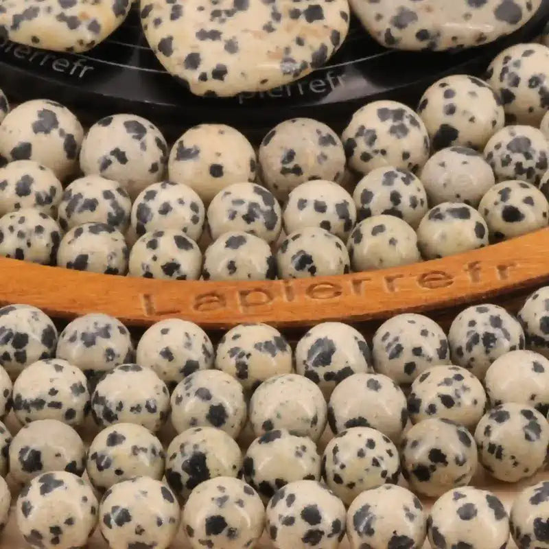 Fil de perles Jaspe Dalmatien moucheté noir et beige, pierre naturelle ronde pour bijoux