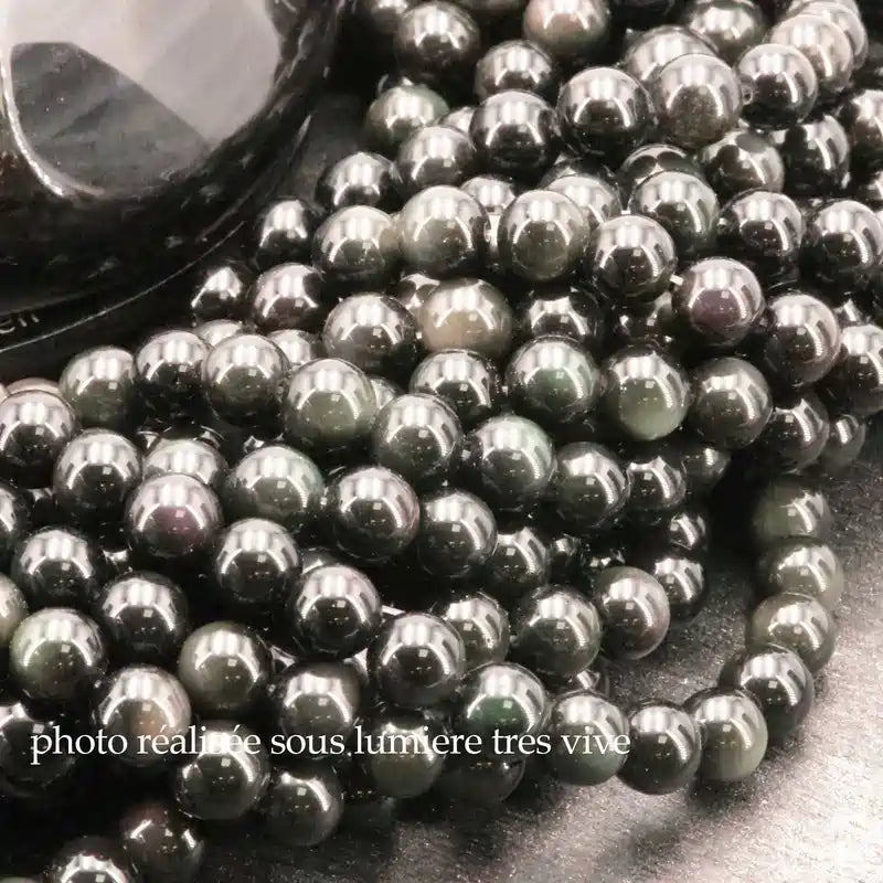 Perles rondes d'Obsidienne Œil Céleste en vrac, pierre naturelle noire irisée pour bracelet et collier