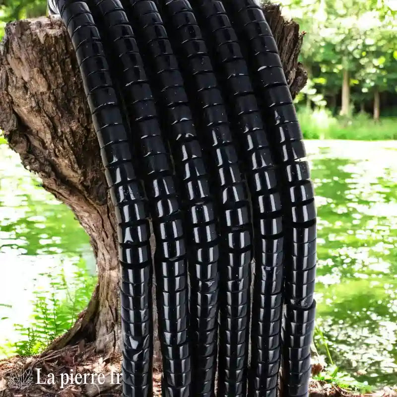 Agate Noire : Perles en pierre naturelle ronde et plate 6mm "Heishi" – Fil de 36cm, idéal pour la création de bijoux