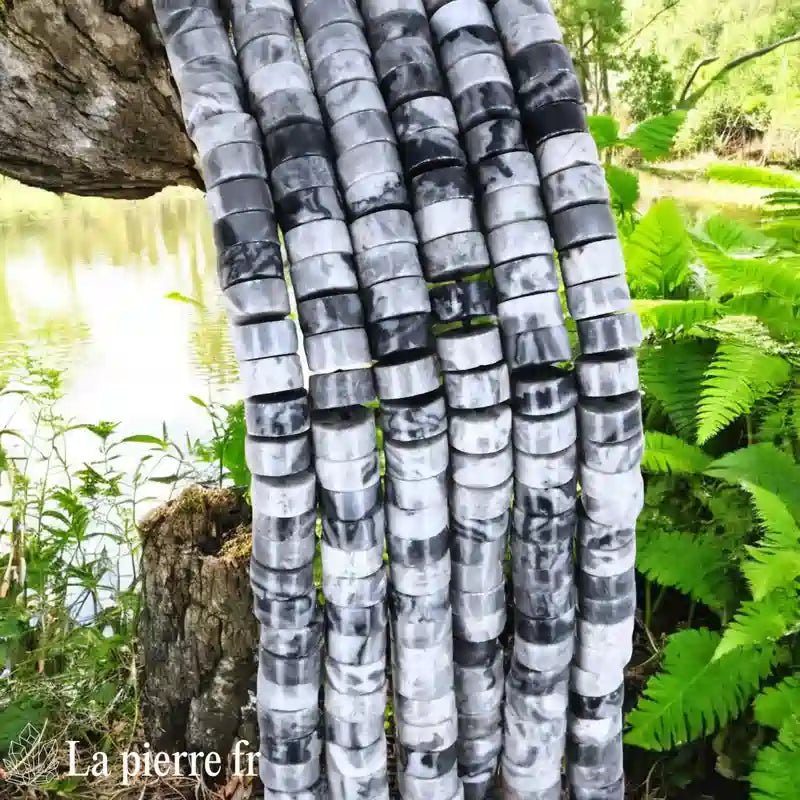 Jaspe Gris : Perles en pierre naturelle ronde et plate 6mm "Heishi" – Fil de 36cm, idéal pour la création de bijoux 