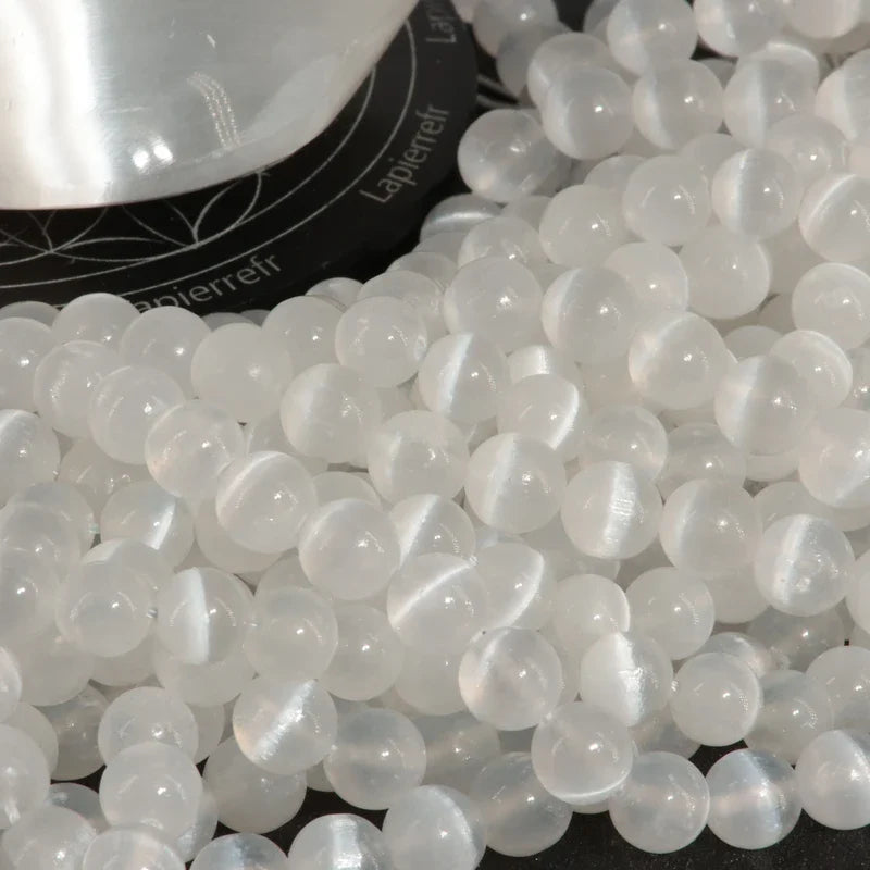 Perles rondes de Sélénite en vrac, pierre naturelle blanche lumineuse pour bracelet et collier