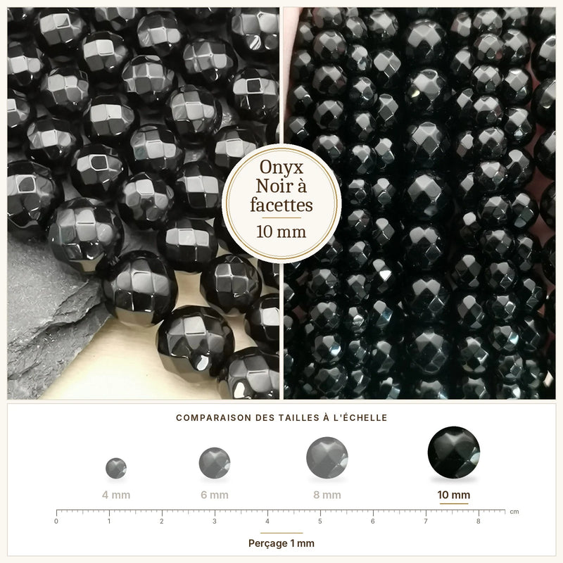 Fil de perles onyx noir rondes à facettes en pierre naturelle