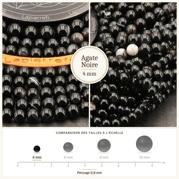 Petites perles agate noire 4 mm noires en pierre naturelle