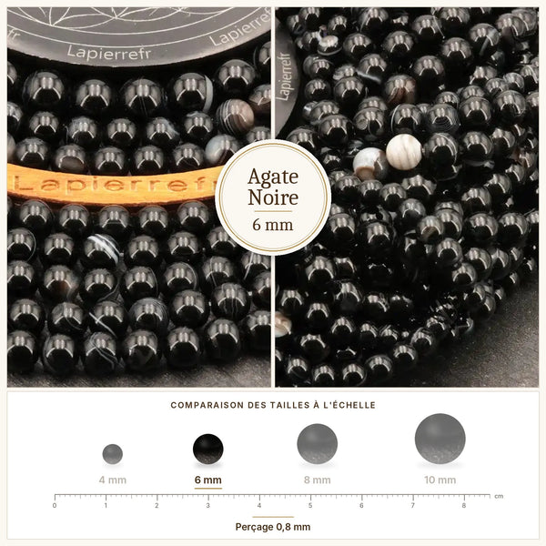 Perles agate noire 6 mm noires en pierre naturelle
