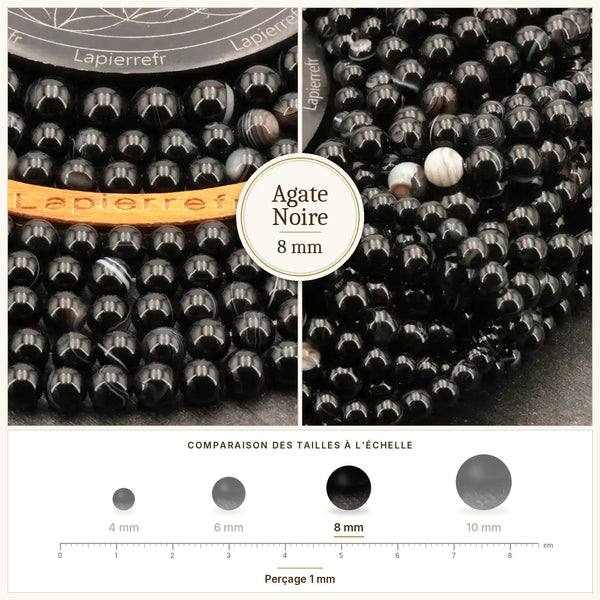 Perles noires en agate noire de 8 mm pour bijoux