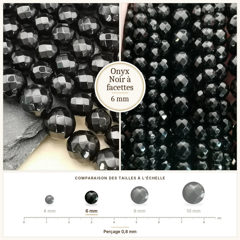 Fil de perles onyx noir rondes à facettes en pierre naturelle