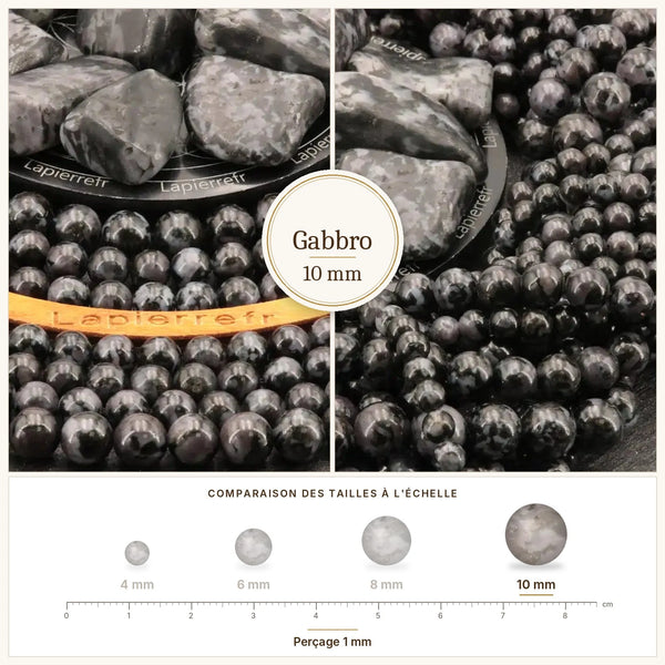 Grosses perles gabbro 10 mm noires et grises mouchetées