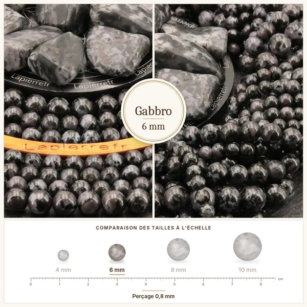 Perles gabbro 6 mm noires et grises mouchetées en pierre naturelle