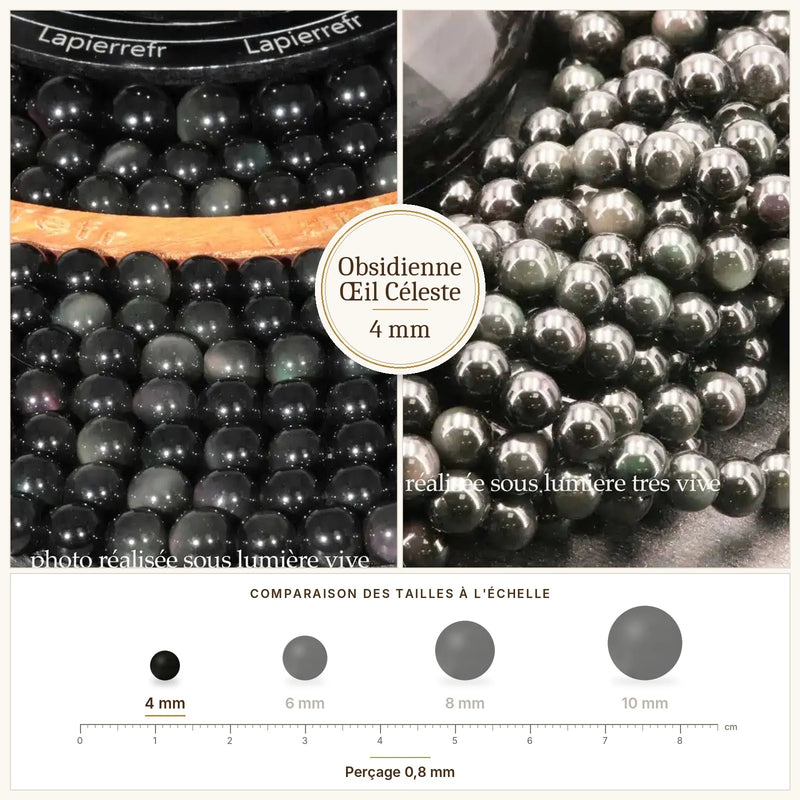 Fil de perles obsidienne œil céleste rondes et polies en pierre naturelle