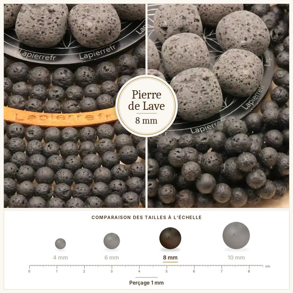 Perle noire en pierre de lave volcanique 8 mm, ronde et mate