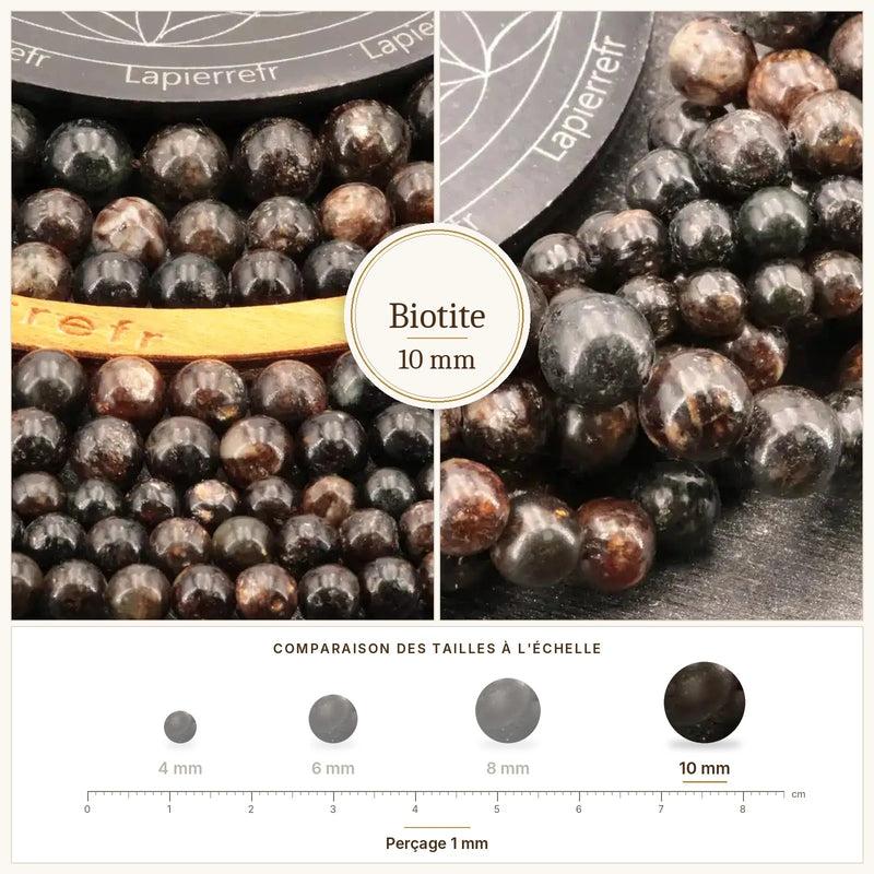 Fil de perles biotite rondes et polies en pierre naturelle