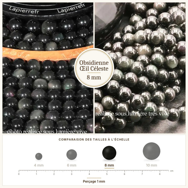 Perle noire irisée en obsidienne œil céleste de 8 mm