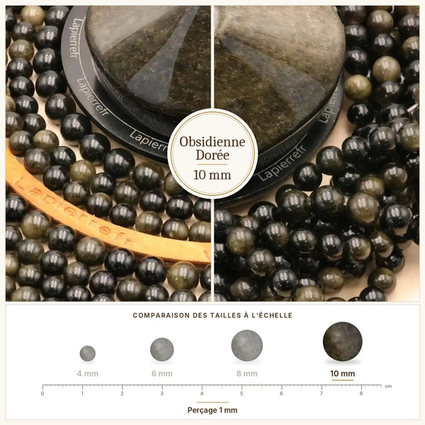 Perles rondes noires à reflets dorés en obsidienne dorée de 10 mm