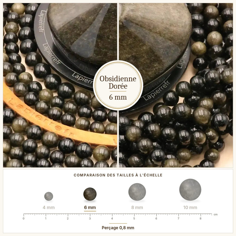 Fil de perles obsidienne dorée rondes et polies en pierre naturelle