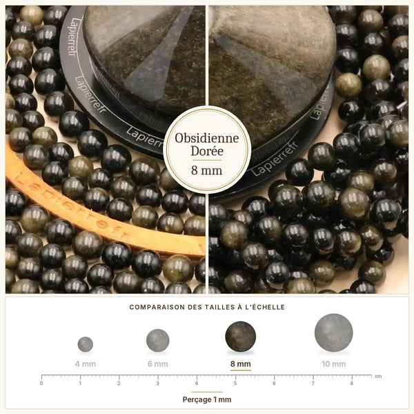 Fil de perles obsidienne dorée 8 mm, perles noires à reflets dorés