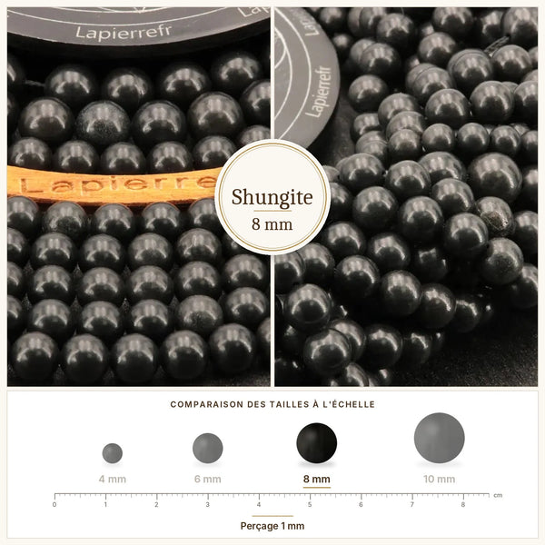 Perles noires en shungite naturelle 8 mm, reflets satinés