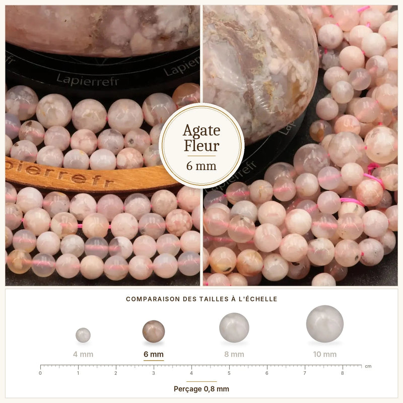 Fil de perles agate fleur rondes et polies en pierre naturelle