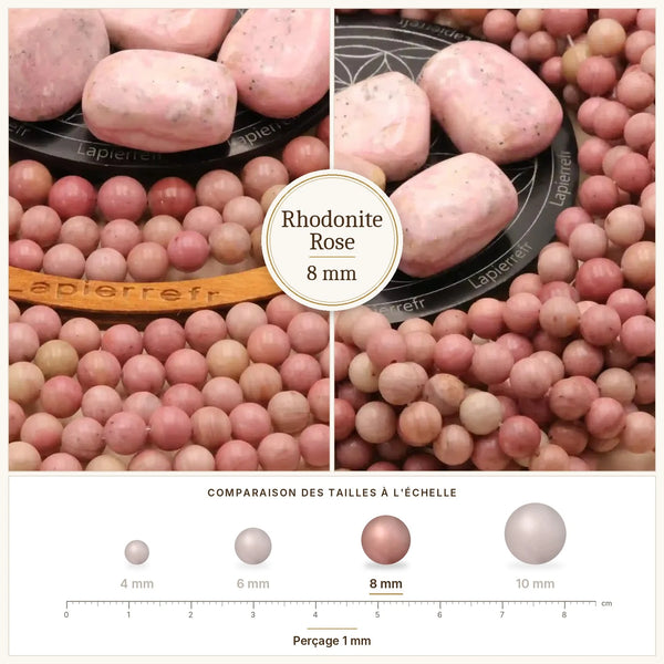 Perle rose et noire en rhodonite naturelle 8 mm, ronde et polie