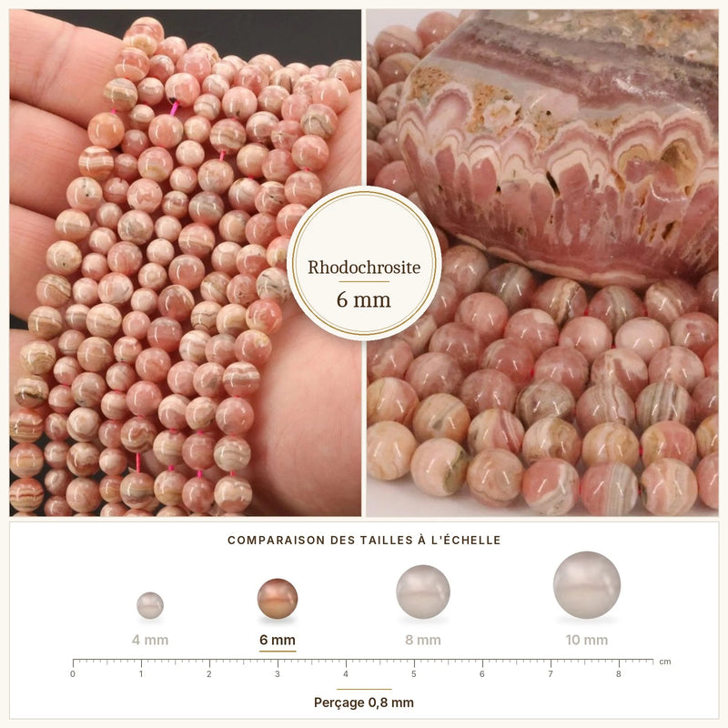 Fil de perles rhodochrosite rondes et polies en pierre naturelle