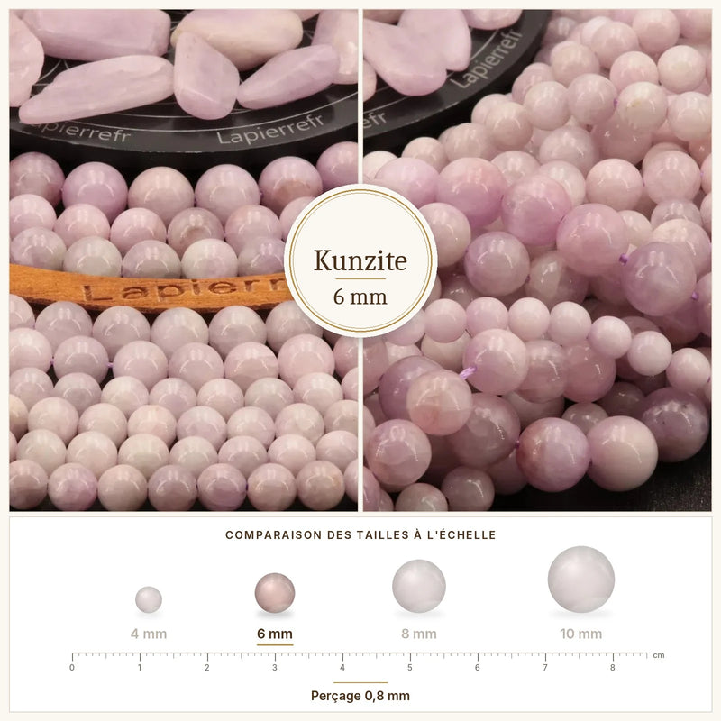 Fil de perles kunzite rondes et polies en pierre naturelle