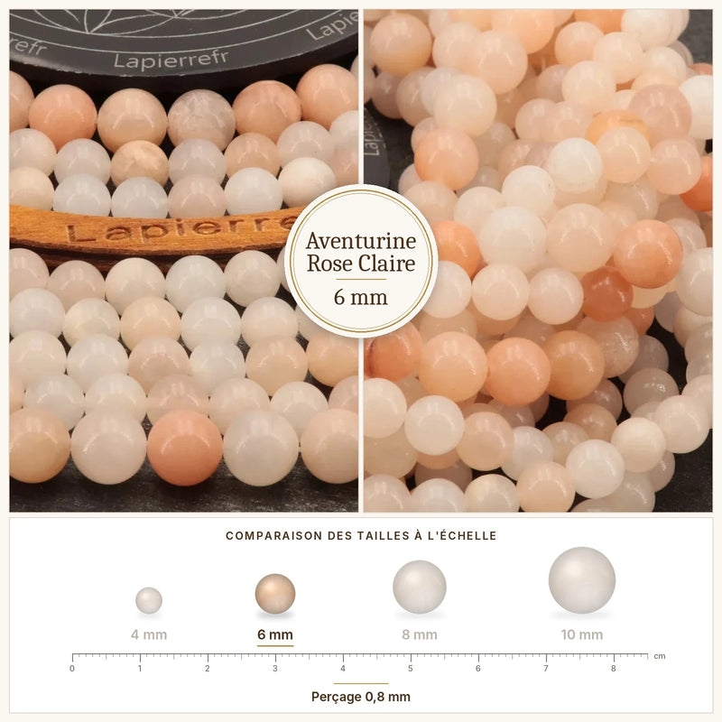 Fil de perles aventurine rose claire rondes et polies en pierre naturelle