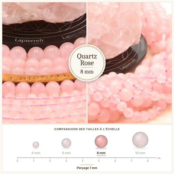 Perles rose pâle en quartz rose 8 mm, pierre naturelle ronde