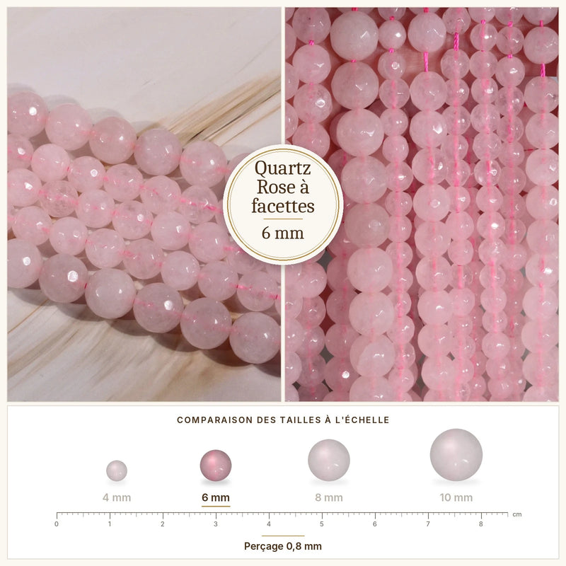 Fil de perles quartz rose rondes à facettes en pierre naturelle