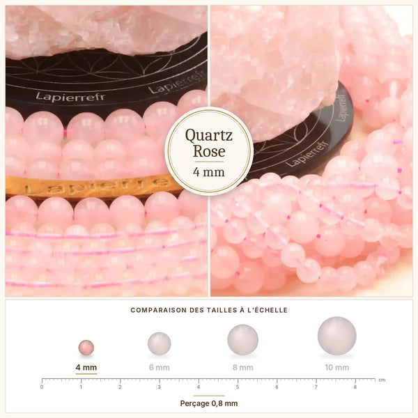 Perles roses en quartz rose du Brésil de 4 mm, fil de pierre naturelle