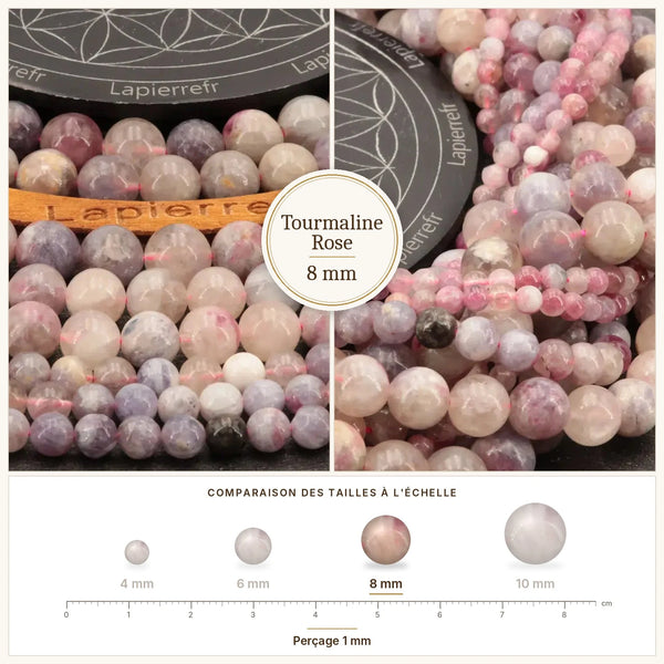 Perles roses en tourmaline rose de 8 mm, pierre naturelle