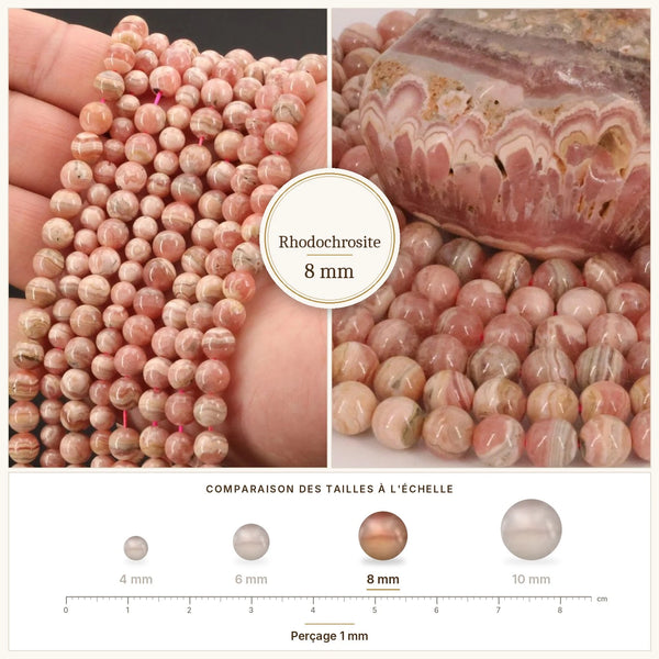 Perles roses veinées de blanc en rhodochrosite naturelle 8 mm