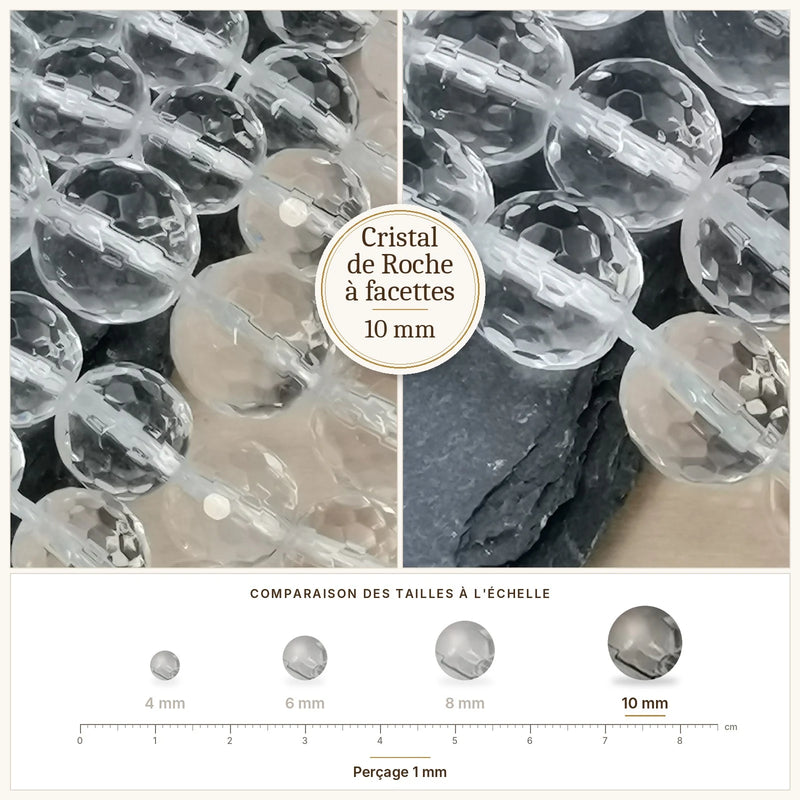 Fil de perles cristal de roche rondes à facettes en pierre naturelle