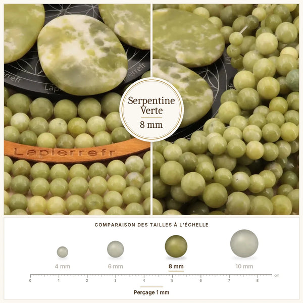 Perles vert olive en serpentine, pierre naturelle ronde 8 mm