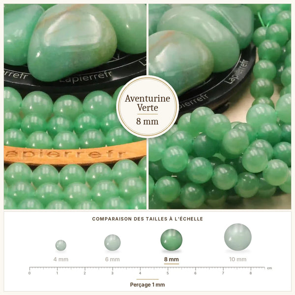 Perle verte pailletée en aventurine naturelle 8 mm, ronde et polie