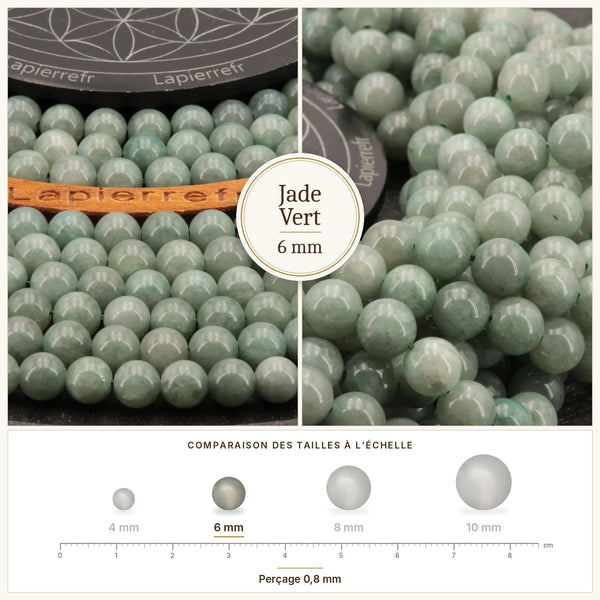 Perles vertes en jade vert type Birmanie, diamètre 6 mm