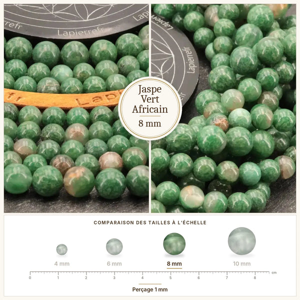 Perles vertes veinées de brun en jaspe vert africain de 8 mm pour bijoux